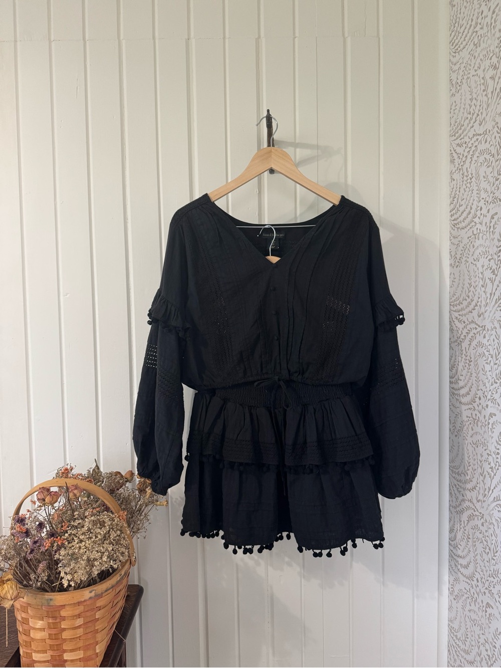 House of Harlow 1960 2 Piece Cotton Boho Blouse Skirt Set Black L